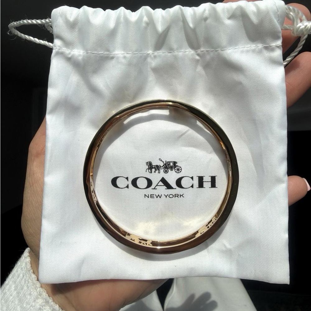 Coach Gold Tone Hinged Bangle Bracelet Horse & Carriage Logo w/ Pouch